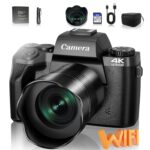 Digital Camera for Photography, 64MP WiFi Touch Screen Vlogging Camera with Flash, 4K + 32GB SD Card, 3000mAH Battery Lens Hood, 4″Big Screen, Hot Shoe Interface Front and Rear Cameras (Black)